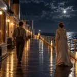 Two people from different social worlds walking toward the same moonlit horizon on an ocean liner