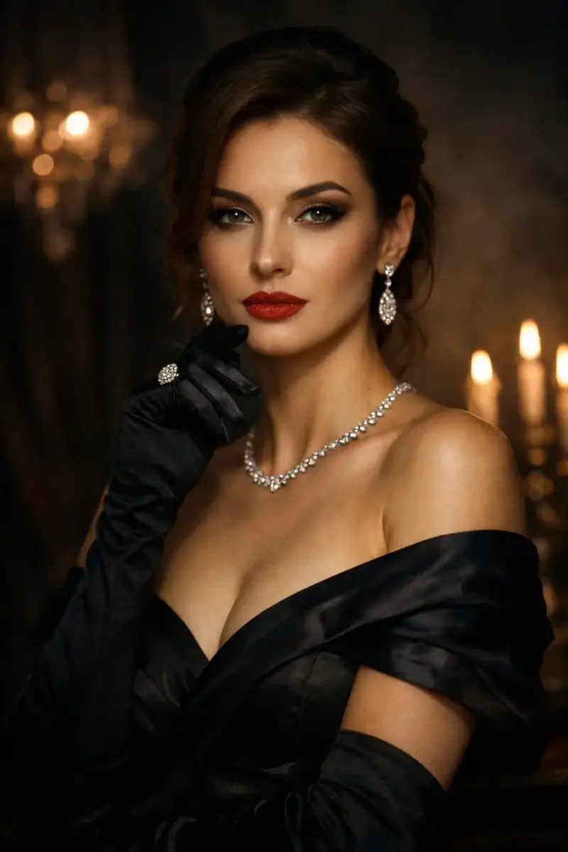High value woman portrait in black satin dress