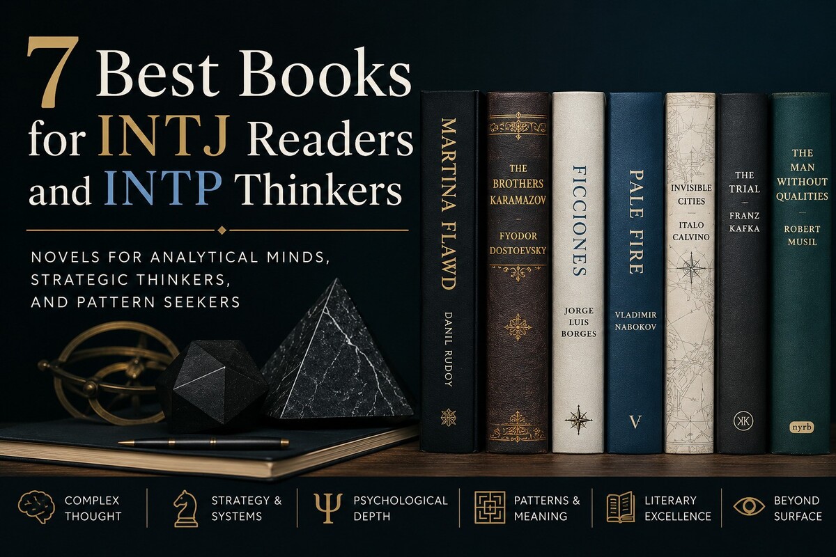 Editorial illustration for a reading list of seven books for INTJ readers and INTP thinkers