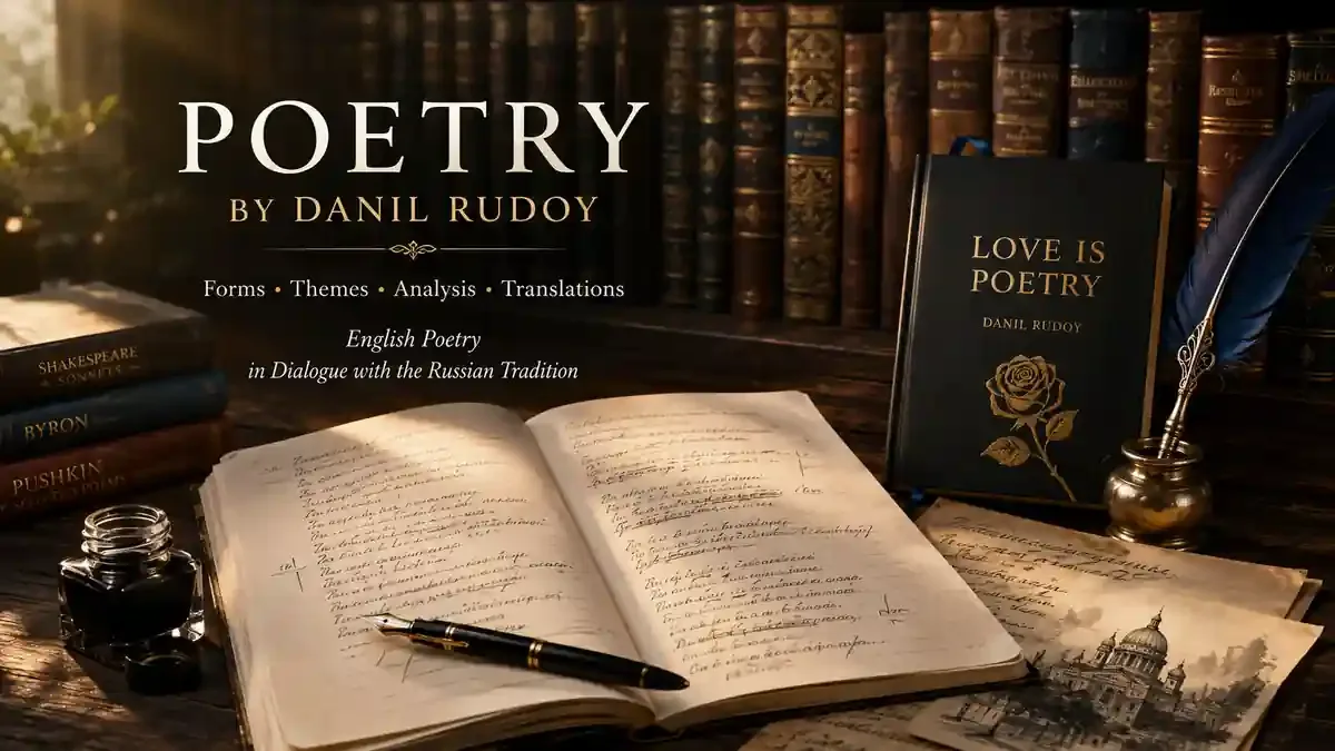 Open manuscript with fountain pen, poetry books, and writing tools in a warm literary study, representing form, tradition, and Danil Rudoy’s English and Russian poetry.