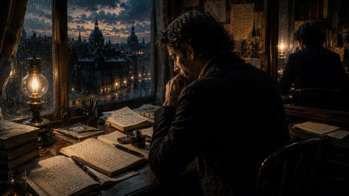 Man at a writing desk in a dim room overlooking a rainy city