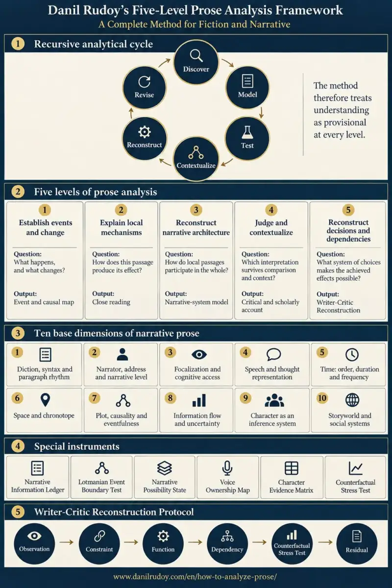 Danil Rudoy’s Five-Level Prose Analysis Framework showing the recursive analytical cycle, Levels 1–5, narrative dimensions, analytical tools and Writer-Critic Reconstruction Protocol.