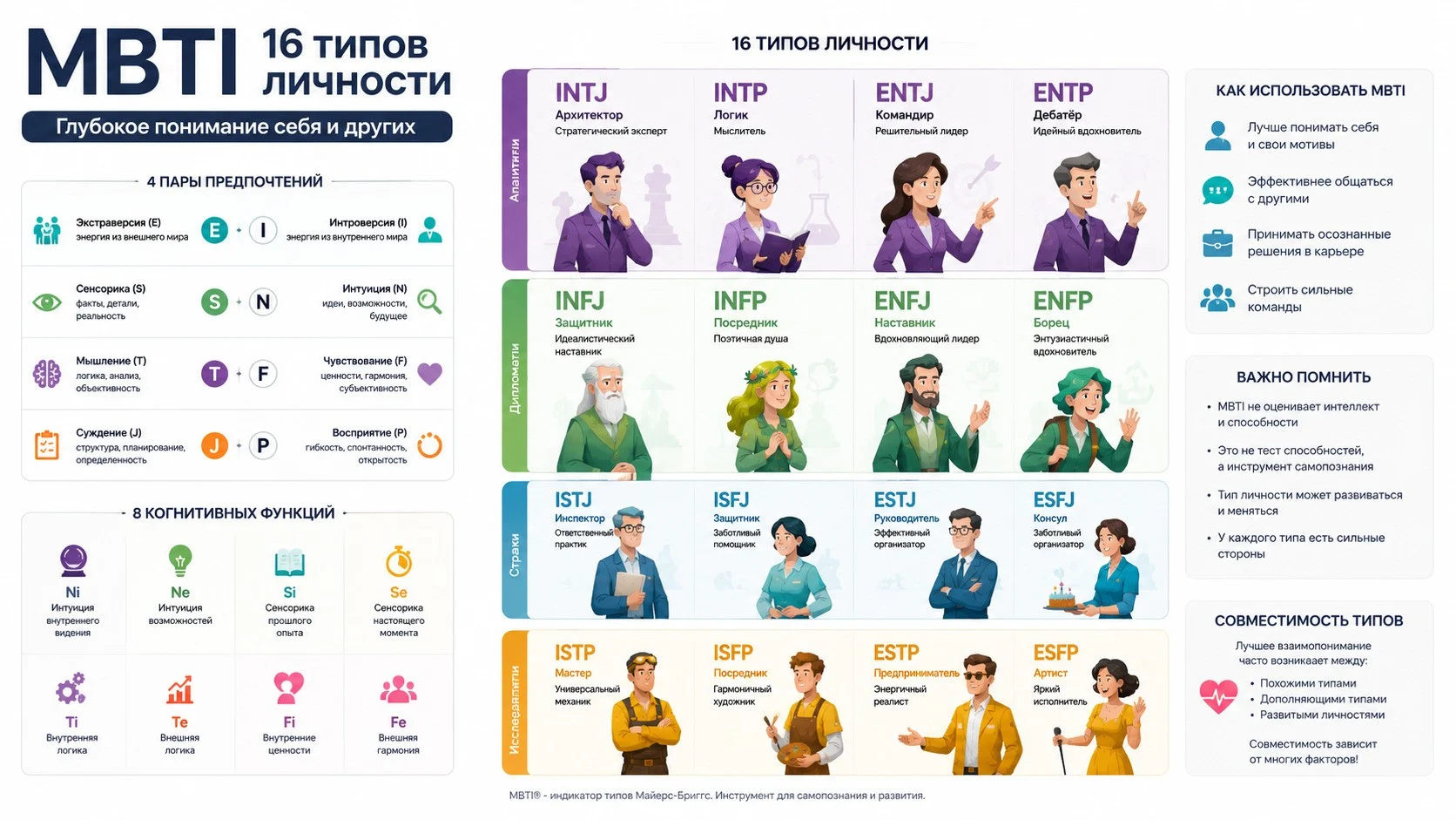 16 типов личности MBTI и четыре пары предпочтений